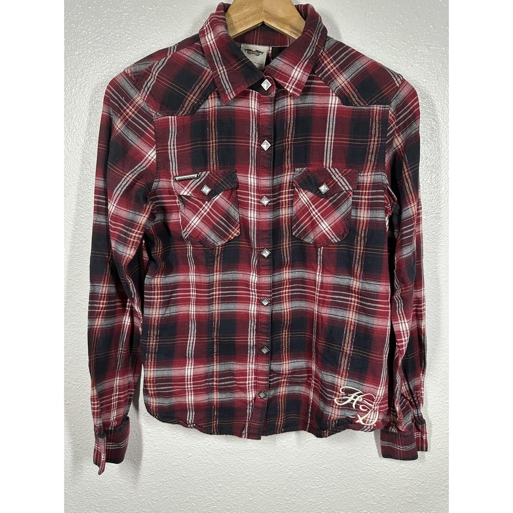 Harley-Davidson Shirt Womens Small Red Black Plaid Flannel Snap Embroidered